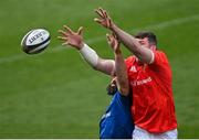 27 March 2021; Peter O'Mahony of Munster takes possession in a line-out ahead of Scott Fardy of Leinster during the Guinness PRO14 Final match between Leinster and Munster at the RDS Arena in Dublin. Photo by Ramsey Cardy/Sportsfile