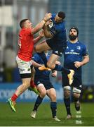 27 March 2021; Dave Kearney of Leinster takes a high ball ahead of Andrew Conway of Munster during the Guinness PRO14 Final match between Leinster and Munster at the RDS Arena in Dublin. Photo by David Fitzgerald/Sportsfile