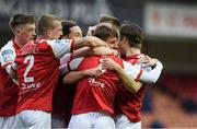 27 March 2021; St Patrick's Athletic players celebrate Billy King's match winning goal during the SSE Airtricity League Premier Division match between St Patrick's Athletic and Drogheda United at Richmond Park in Dublin. Photo by Matt Browne/Sportsfile