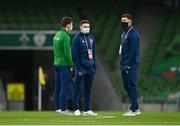 27 March 2021; Republic of Ireland players, from left, Jayson Molumby, Conor Coventry and Dara O'Shea inspect the pitch prior to the FIFA World Cup 2022 qualifying group A match between Republic of Ireland and Luxembourg at the Aviva Stadium in Dublin. Photo by Harry Murphy/Sportsfile