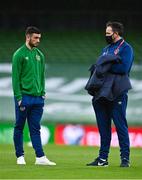 27 March 2021; Republic of Ireland's Troy Parrott and David Forde, team sports physiologist, before the FIFA World Cup 2022 qualifying group A match between Republic of Ireland and Luxembourg at the Aviva Stadium in Dublin. Photo by Eóin Noonan/Sportsfile