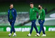 27 March 2021; Republic of Ireland players, from left, Alan Browne, Darragh Lenihan and Josh Cullen walk the pitch before the FIFA World Cup 2022 qualifying group A match between Republic of Ireland and Luxembourg at the Aviva Stadium in Dublin. Photo by Eóin Noonan/Sportsfile