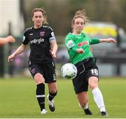 27 March 2021; Karen Duggan of Peamount United in action against Kylie Murphy of Wexford Youths during the SSE Airtricity Women's National League match between Wexford Youths and Peamount United at Ferrycarrig Park in Wexford. Photo by Michael P Ryan/Sportsfile
