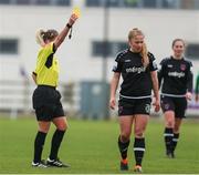 27 March 2021; Ellen Molloy of Wexford Youths receives a yellow card from referee Claire Purcell during the SSE Airtricity Women's National League match between Wexford Youths and Peamount United at Ferrycarrig Park in Wexford. Photo by Michael P Ryan/Sportsfile