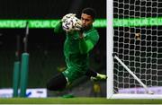 27 March 2021; Republic of Ireland goalkeeper Gavin Bazunu warms up before the FIFA World Cup 2022 qualifying group A match between Republic of Ireland and Luxembourg at the Aviva Stadium in Dublin. Photo by Eóin Noonan/Sportsfile