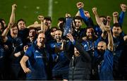 27 March 2021; Devin Toner, left and Michael Bent, right, of Leinster lift the PRO14 trophy alongside teammates following the Guinness PRO14 Final match between Leinster and Munster at the RDS Arena in Dublin. Photo by Brendan Moran/Sportsfile