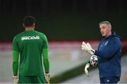 27 March 2021; Republic of Ireland goalkeeping coach Dean Kiely with goalkeeper Gavin Bazunu before the FIFA World Cup 2022 qualifying group A match between Republic of Ireland and Luxembourg at the Aviva Stadium in Dublin. Photo by Eóin Noonan/Sportsfile