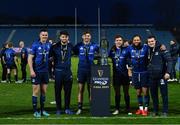 27 March 2021; Leinster players, from left, Jonathan Sexton, Harry Byrne, Ross Byrne, Luke McGrath, Jamison Gibson-Park and Hugh O'Sullivan, with the PRO14 trophy following their victory in the Guinness PRO14 Final match between Leinster and Munster at the RDS Arena in Dublin. Photo by Ramsey Cardy/Sportsfile
