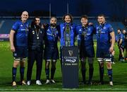 27 March 2021; Leinster second row forwards, from left, Devin Toner, Josh Murphy, Scott Fardy, Jack Dunne, Ryan Baird and Ross Molony, with the PRO14 trophy following their victory in the Guinness PRO14 Final match between Leinster and Munster at the RDS Arena in Dublin. Photo by Ramsey Cardy/Sportsfile