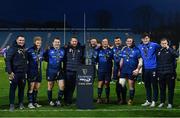 27 March 2021; Leinster front row forwards, from left, Peter Dooley, James Tracy, Cian Healy, Michael Bent, Andrew Porter, Ed Byrne, Rónan Kelleher, Tadhg Furlong, Dan Sheehan and Seán Cronin, with the PRO14 trophy following their victory in the Guinness PRO14 Final match between Leinster and Munster at the RDS Arena in Dublin. Photo by Ramsey Cardy/Sportsfile