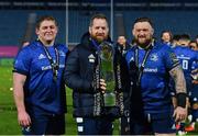 27 March 2021; Leinster players, from left, Tadhg Furlong, Michael Bent and Andrew Porter, with the PRO14 trophy following their victory in the Guinness PRO14 Final match between Leinster and Munster at the RDS Arena in Dublin. Photo by Ramsey Cardy/Sportsfile