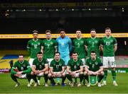 27 March 2021; The Republic of Ireland team, back row, from left, Callum Robinson, James Collins, Gavin Bazunu, Ciaran Clark, Matt Doherty and Dara O'Shea, with, front row, Alan Browne, Enda Stevens, Josh Cullen, Jason Knight and Seamus Coleman before the FIFA World Cup 2022 qualifying group A match between Republic of Ireland and Luxembourg at the Aviva Stadium in Dublin. Photo by Eóin Noonan/Sportsfile