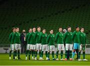 27 March 2021; Republic of Ireland players during Amhrán na bhFiann before the FIFA World Cup 2022 qualifying group A match between Republic of Ireland and Luxembourg at the Aviva Stadium in Dublin. Photo by Seb Daly/Sportsfile
