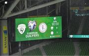 27 March 2021; The scoreboard showing the scoreline of Republic of Ireland 0 Luxembourg 1 during the closing stages of the FIFA World Cup 2022 qualifying group A match between Republic of Ireland and Luxembourg at the Aviva Stadium in Dublin. Photo by Piaras Ó Mídheach/Sportsfile