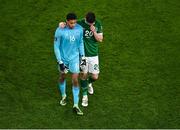 27 March 2021; Republic of Ireland players Gavin Bazunu, left, and Dara O'Shea leave the pitch after their side's defeat in the FIFA World Cup 2022 qualifying group A match between Republic of Ireland and Luxembourg at the Aviva Stadium in Dublin. Photo by Piaras Ó Mídheach/Sportsfile