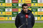 27 March 2021; Seamus Coleman of Republic of Ireland speaks to RTÉ's Tony O'Donoghue following the FIFA World Cup 2022 qualifying group A match between Republic of Ireland and Luxembourg at the Aviva Stadium in Dublin. Photo by Harry Murphy/Sportsfile