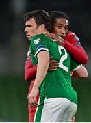 27 March 2021; Republic of Ireland captain Seamus Coleman and Gerson Rodrigues of Luxembourg following the FIFA World Cup 2022 qualifying group A match between Republic of Ireland and Luxembourg at the Aviva Stadium in Dublin. Photo by Eóin Noonan/Sportsfile