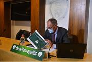 28 March 2021; FAI Independent Chairperson Roy Barrett prepares his notes prior to the start of the FAI EGM at FAI Headquarters at the Sports Campus Ireland in Dublin. Photo by Brendan Moran/Sportsfile