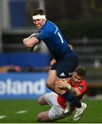 27 March 2021; Rory O'Loughlin of Leinster is tackled by Chris Farrell of Munster during the Guinness PRO14 Final match between Leinster and Munster at the RDS Arena in Dublin. Photo by Ramsey Cardy/Sportsfile