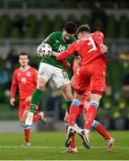27 March 2021; Shane Long of Republic of Ireland in action against Enes Mahmutovic of Luxembourg during the FIFA World Cup 2022 qualifying group A match between Republic of Ireland and Luxembourg at the Aviva Stadium in Dublin. Photo by Seb Daly/Sportsfile