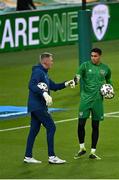 27 March 2021; Republic of Ireland goalkeeper Gavin Bazunu, right, and goalkeeping coach Dean Kiely before the FIFA World Cup 2022 qualifying group A match between Republic of Ireland and Luxembourg at the Aviva Stadium in Dublin. Photo by Seb Daly/Sportsfile