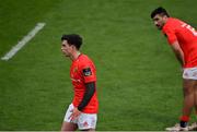 27 March 2021; Joey Carbery, left, and Damian de Allende of Munster during the Guinness PRO14 Final match between Leinster and Munster at the RDS Arena in Dublin. Photo by Ramsey Cardy/Sportsfile