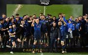 27 March 2021; Devin Toner, left, and Michael Bent of Leinster lift the PRO14 trophy alongside their teammates after the Guinness PRO14 Final match between Leinster and Munster at the RDS Arena in Dublin. Photo by Brendan Moran/Sportsfile