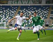 28 March 2021; Aaron Long of USA in action against Kyle Lafferty of Northern Ireland during the International friendly match between Northern Ireland and USA at the National Football Stadium at Windsor Park in Belfast. Photo by David Fitzgerald/Sportsfile