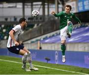 28 March 2021; Shayne Lavery of Northern Ireland in action against Matthew Miazga of USA during the International friendly match between Northern Ireland and USA at the National Football Stadium at Windsor Park in Belfast. Photo by David Fitzgerald/Sportsfile