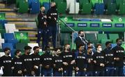 28 March 2021; The USA team stand for the National Anthem, wearing t-shirts reading 'Be The Change', prior to the International friendly match between Northern Ireland and USA at the National Football Stadium at Windsor Park in Belfast. Photo by David Fitzgerald/Sportsfile