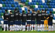 28 March 2021; The USA team stand for the National Anthem, wearing t-shirts supporting the Black Lives Matter movement, prior to the International friendly match between Northern Ireland and USA at the National Football Stadium at Windsor Park in Belfast. Photo by David Fitzgerald/Sportsfile