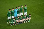 27 March 2021; The Republic of Ireland team, back row, from left, Callum Robinson, James Collins, Gavin Bazunu, Ciaran Clark, Matt Doherty and Dara O'Shea, with, front row, Alan Browne, Enda Stevens, Josh Cullen, Jason Knight and Seamus Coleman before the FIFA World Cup 2022 qualifying group A match between Republic of Ireland and Luxembourg at the Aviva Stadium in Dublin. Photo by Piaras Ó Mídheach/Sportsfile