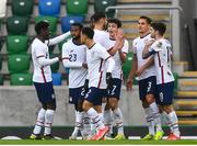 28 March 2021; Giovanni Reyna, 7, of USA celebrates with teammates after scoring his side's first goal during the International friendly match between Northern Ireland and USA at the National Football Stadium at Windsor Park in Belfast. Photo by David Fitzgerald/Sportsfile