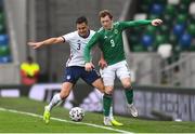 28 March 2021; Shayne Lavery of Northern Ireland in action against Aaron Long of USA during the International friendly match between Northern Ireland and USA at the National Football Stadium at Windsor Park in Belfast. Photo by David Fitzgerald/Sportsfile
