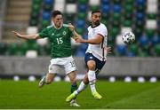 28 March 2021; Sebastian Lletget of USA in action against Jordan Thompson of Northern Ireland during the International friendly match between Northern Ireland and USA at the National Football Stadium at Windsor Park in Belfast. Photo by David Fitzgerald/Sportsfile