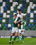 28 March 2021; Antonee Robinson of USA in action against Daniel Ballard of Northern Ireland during the International friendly match between Northern Ireland and USA at the National Football Stadium at Windsor Park in Belfast. Photo by David Fitzgerald/Sportsfile