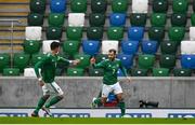 28 March 2021; Niall McGinn of Northern Ireland celebrates with teammate Kyle Lafferty, left, after scoring his side's first goal during the International friendly match between Northern Ireland and USA at the National Football Stadium at Windsor Park in Belfast. Photo by David Fitzgerald/Sportsfile