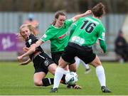 27 March 2021; Ellen Molloy of Wexford Youths in action against Lucy McCartan and Karen Duggan of Peamount United during the SSE Airtricity Women's National League match between Wexford Youths and Peamount United at Ferrycarrig Park in Wexford. Photo by Michael P Ryan/Sportsfile