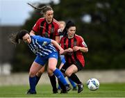 27 March 2021; Alana Roddy of Treaty United in action against Bohemians players Abbie Brophy, right, and Chloe Darby during the SSE Airtricity Women's National League match between Bohemians and Treaty United at Oscar Traynor Centre in Coolock, Dublin. Photo by Piaras Ó Mídheach/Sportsfile