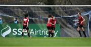 27 March 2021; Naima Chemaou of Bohemians, second from right, celebrates with teammate Sophie Watters, 8, after scoring her side's third goal during the SSE Airtricity Women's National League match between Bohemians and Treaty United at Oscar Traynor Centre in Coolock, Dublin. Photo by Piaras Ó Mídheach/Sportsfile