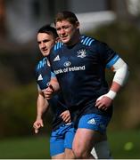 29 March 2021; Tadhg Furlong, right, and Rónan Kelleher during Leinster Rugby squad training at UCD in Dublin. Photo by Ramsey Cardy/Sportsfile