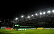 27 March 2021; Both teams stand for the playing of Amhrán na bhFiann prior to the FIFA World Cup 2022 qualifying group A match between Republic of Ireland and Luxembourg at the Aviva Stadium in Dublin. Photo by Eóin Noonan/Sportsfile