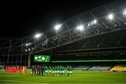 27 March 2021; Both teams stand for the playing of Amhrán na bhFiann prior to the FIFA World Cup 2022 qualifying group A match between Republic of Ireland and Luxembourg at the Aviva Stadium in Dublin. Photo by Eóin Noonan/Sportsfile