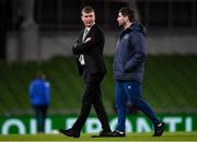 27 March 2021; Republic of Ireland manager Stephen Kenny, left, with Ruaidhri Higgins, Republic of Ireland chief scout and opposition analyst prior to the FIFA World Cup 2022 qualifying group A match between Republic of Ireland and Luxembourg at the Aviva Stadium in Dublin. Photo by Eóin Noonan/Sportsfile