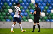 28 March 2021; Bryan Reynolds of USA and Referee Robert Ian Jenkins during the International friendly match between Northern Ireland and USA at National Football Stadium at Windsor Park in Belfast. Photo by David Fitzgerald/Sportsfile
