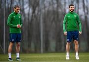29 March 2021; Shane Long, right, and Jeff Hendrick during a Republic of Ireland training session at Debrecen Football Academy in Debrecen, Hungary. Photo by Stephen McCarthy/Sportsfile