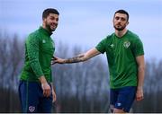 29 March 2021; Troy Parrott, right, and Shane Long during a Republic of Ireland training session at the Debrecen Football Academy in Debrecen, Hungary. Photo by Stephen McCarthy/Sportsfile