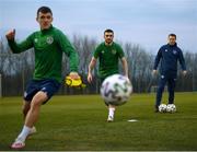 29 March 2021; Troy Parrott, centre, with Jason Knight, left, and Damien Doyle, Republic of Ireland head of athletic performance, during a Republic of Ireland training session at the Debrecen Football Academy in Debrecen, Hungary. Photo by Stephen McCarthy/Sportsfile