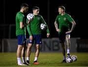 29 March 2021; James McClean, right, with Conor Coventry and Troy Parrott, left, during a Republic of Ireland training session at the Debrecen Football Academy in Debrecen, Hungary. Photo by Stephen McCarthy/Sportsfile