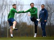 29 March 2021; Ryan Manning, left, Alan Browne and Damien Doyle, Republic of Ireland head of athletic performance, right, during a Republic of Ireland training session at the Debrecen Football Academy in Debrecen, Hungary. Photo by Stephen McCarthy/Sportsfile